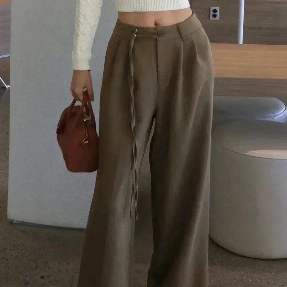 Brown Elegant Women's Loose Wide Leg Tie Pants - Picture 3 of 9